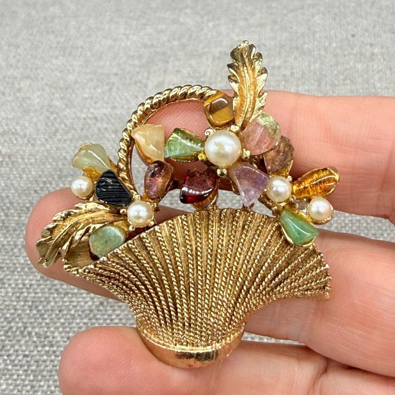 Vintage Capri Brooch Flower Basket Gemstones Imitation Pearls Gold Tone Spring