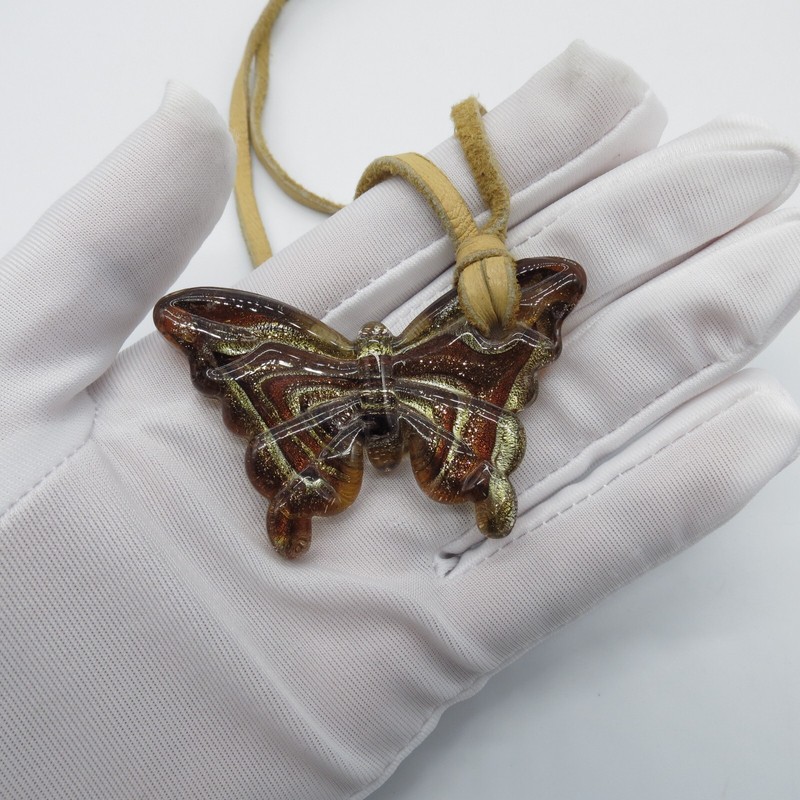 Art Glass Butterfly Pendant Necklace Brown Yellow Gold Foiled Glass 22" gallery
