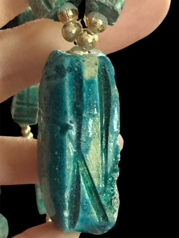 Vintage 1970s Hand Carved Ceramic Bohemian Egyptian Revival Scarab Necklace 27" gallery