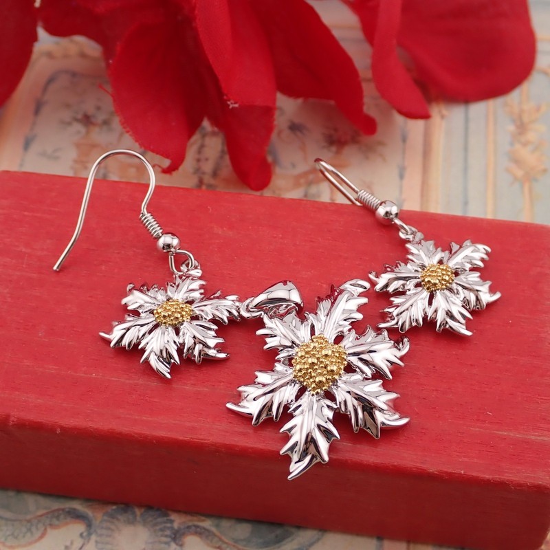Vtg Holiday Christmas Poinsettia Gold Silver Tone Pendant Pierced Earring Set