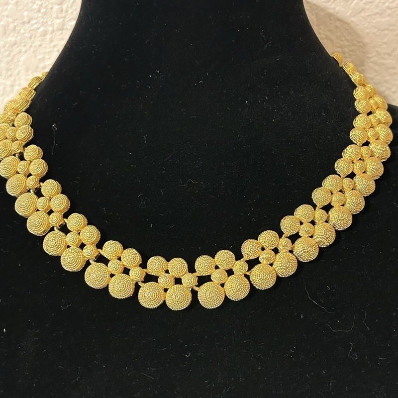 Vintage Etruscan Revival Necklace Gold Tone Granulated Bib Collar Statement 18”
