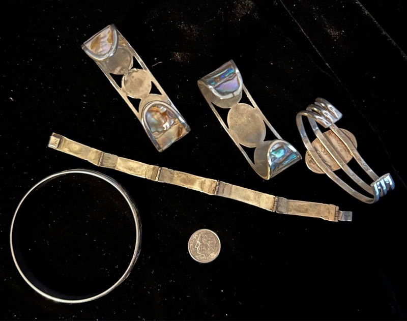 5 pc Vintage 60s 70s Alpaca Silver Mexico Abalone Cuff Bangle Panel Bracelet Lot gallery