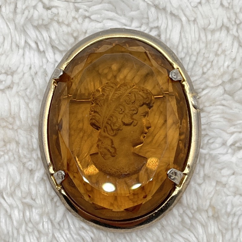 Vintage Cameo Brooch Reverse Intaglio Brown Glass Large 1.75″