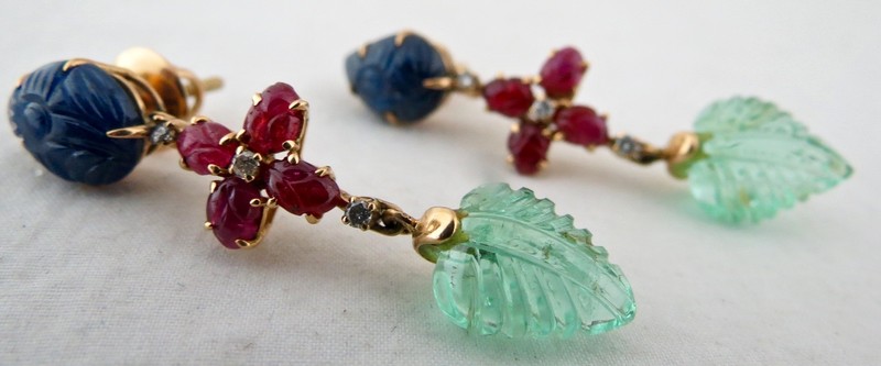 Certified Estate Natural Emerald 10ct Ruby Sapphire Carved Diamond 18k Earrings gallery
