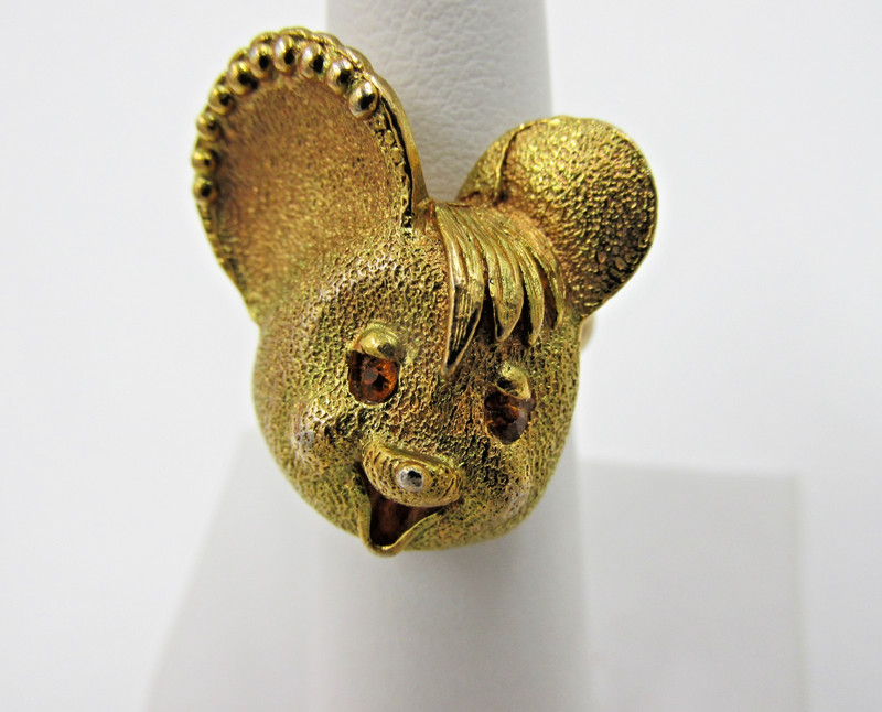 Unique Vintage Cartoon Mouse Ring Brushed Gold Tone Rhinestone Eyes Size 5 gallery