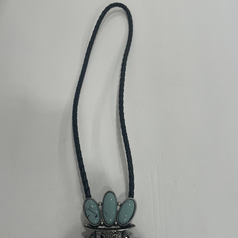 LARGE IRIS APFEL "RARA AVIS" SILVERTONE FAUX TURQUOISE KACHINA BOLO NECKLACE gallery