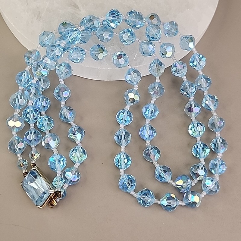 Vintage Glass Beaded Necklace Blue Double Layered 19″