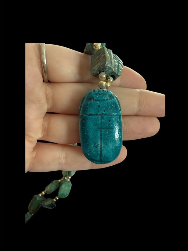 Vintage 1970s Hand Carved Ceramic Bohemian Egyptian Revival Scarab Necklace 27" gallery