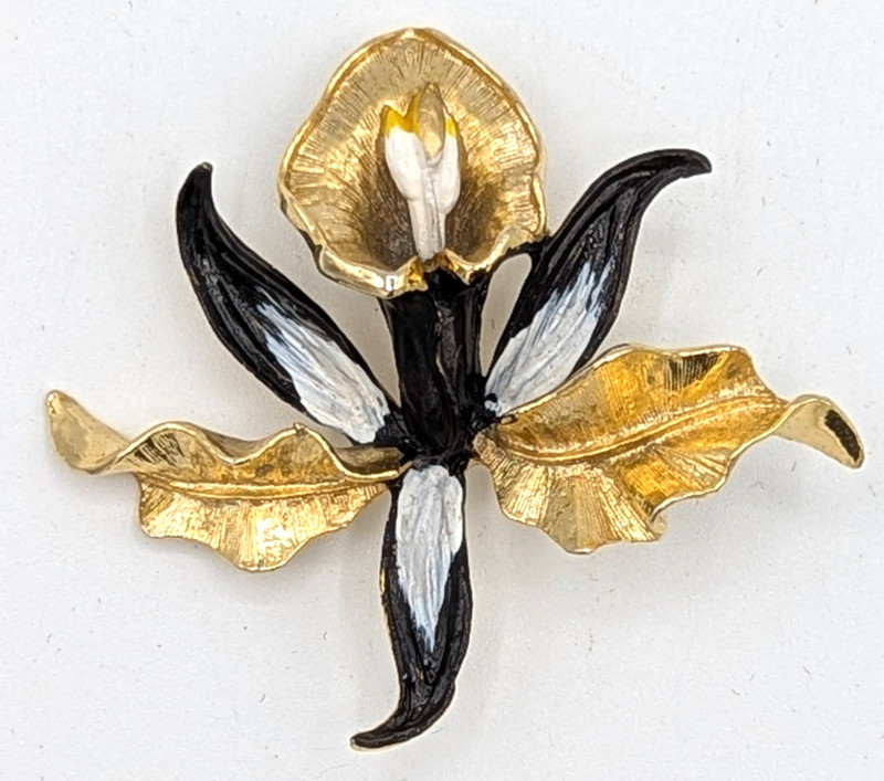Vintage Gerrys Orchid Flower Brooch Floral Enamel Pin Black White Gold Tone gallery