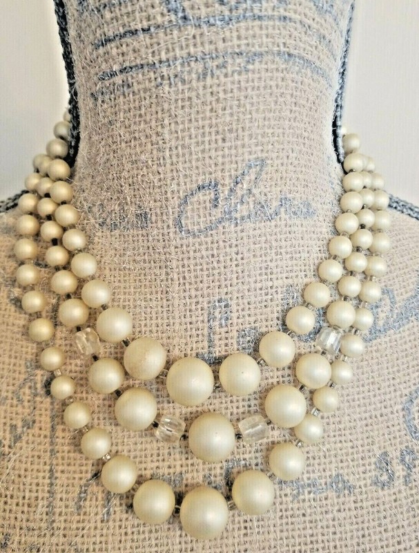 Bridal Necklace Vintage 3 Strand Faux Pearl Necklace Ivory Color Satin Finish