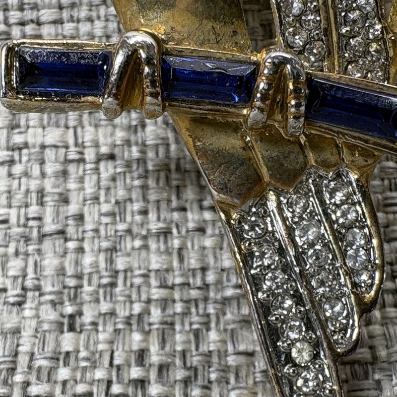 Vintage Gold Tone Owl Brooch Blue Baguette Eyes Rhinestone Pave Figural Pin gallery