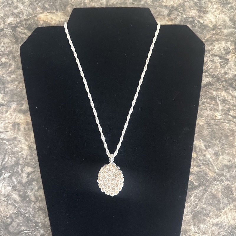 Vintage Hand Beaded Floral Cluster Pendant Necklace Blue & White Glass Seed Bead gallery