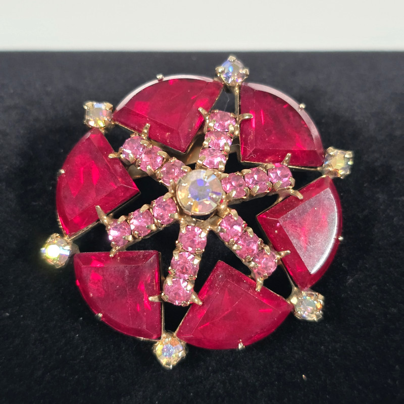 VINTAGE RED PINK RHINESTONE PARURE BRACELET BROOCH EARRINGS 4 pc SET 50's ESTATE gallery