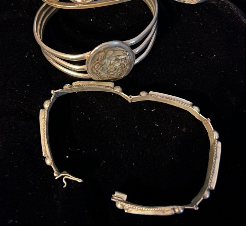 5 pc Vintage 60s 70s Alpaca Silver Mexico Abalone Cuff Bangle Panel Bracelet Lot gallery