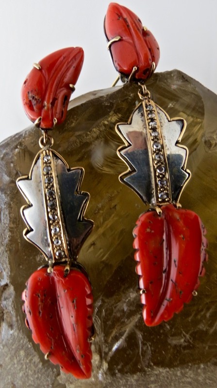 Natural Coral 19.50ct Sterling Silver Natural Diamond 18k Gold Earrings gallery