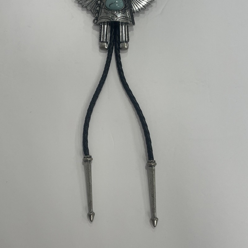 LARGE IRIS APFEL "RARA AVIS" SILVERTONE FAUX TURQUOISE KACHINA BOLO NECKLACE gallery