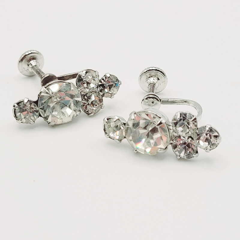Rhinestone Huggie Silver Tone Art Deco Style Classic Vintage Screwback Earrings gallery
