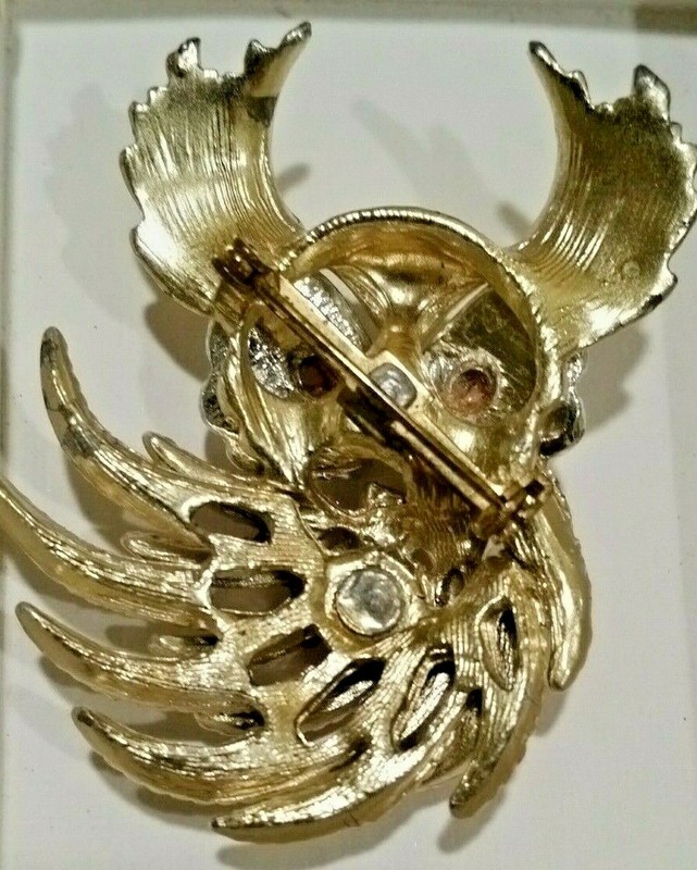 Vintage Great Horned Owl Brooch Pin Rhinestone Adorned Costume Estate Jewelry gallery