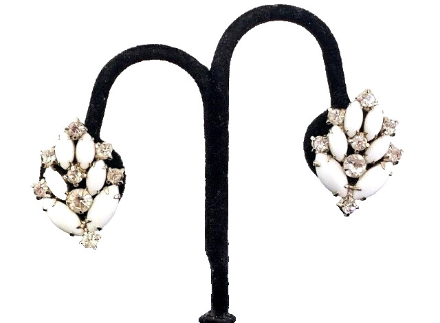 Vintage Prong Set Marquis White MILK GLASS Round Clear RHINESTONE Clip Earrings gallery
