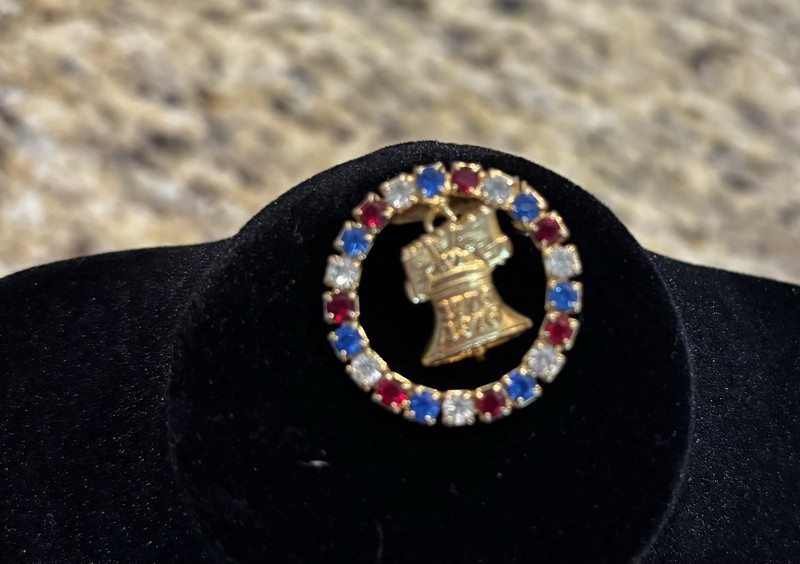 1976 Bicentennial Liberty Bell Independence Day Pin in Red Clear Blue Gold Tone