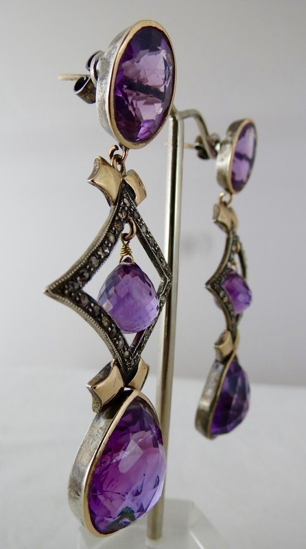 Natural Amethyst 10+ct Natural Diamond 18k Gold & Sterling Silver Earrings gallery