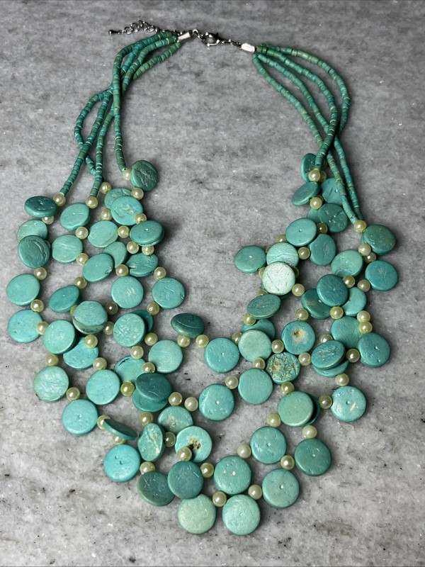 Turquoise Tone Cascade Necklace 4 Strand Layered Discs Beaded Faux Pearl Jewelry