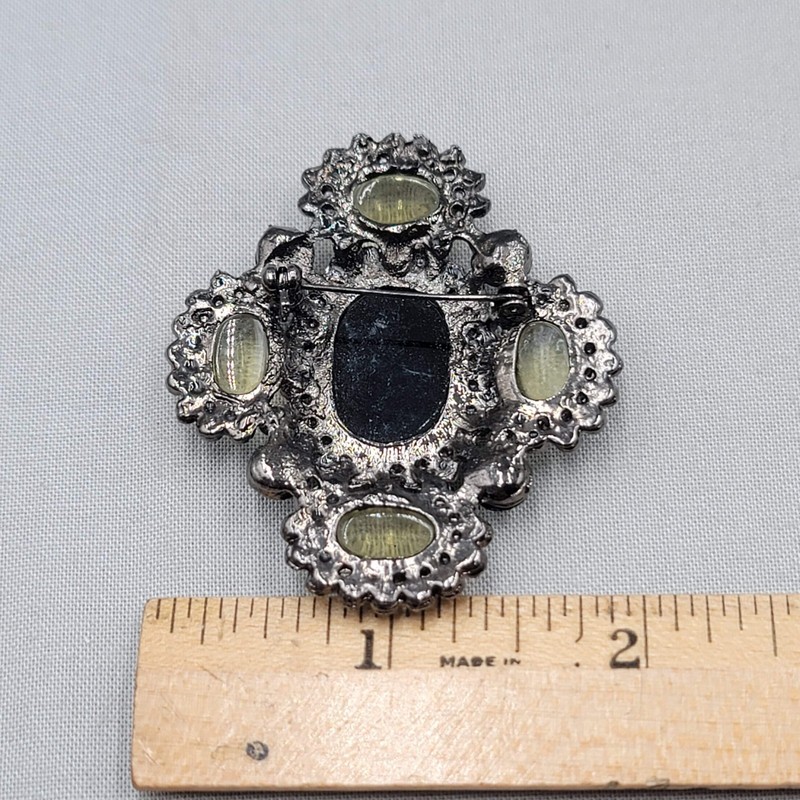 Vintage Yellow Cabochon Brooch Rhinestone Black Metal 2 1/8" gallery