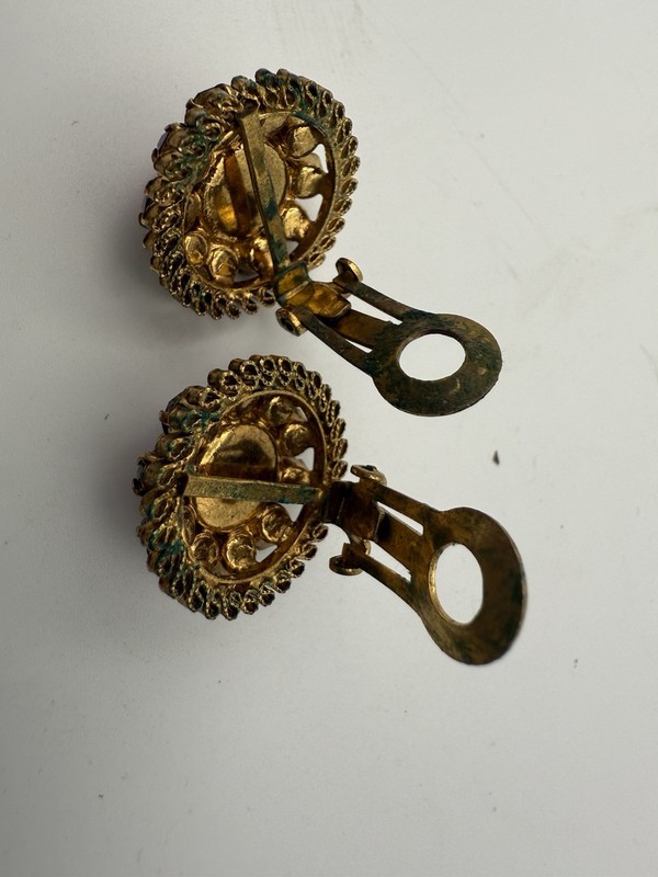 VTG Austria Fruit Salad Clip Earrings GoldTone Pink blue Faceted Crystals J140 gallery