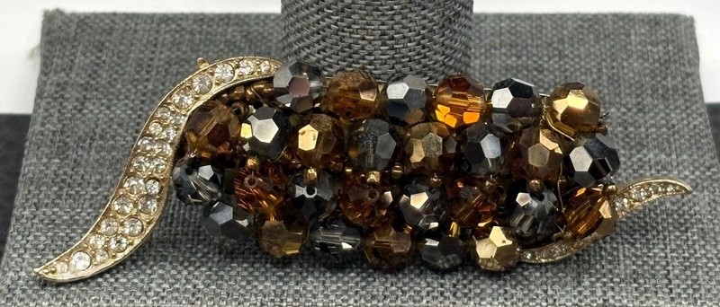 Vintage Large Marvella Beaded Gray And Brown Brooch Pin Rhinestone gallery