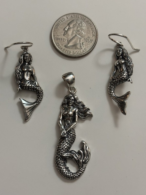 Vintage Retired SOM'S Sterling Silver Mermaiid Pendant and Earrings Set NOS RARE gallery