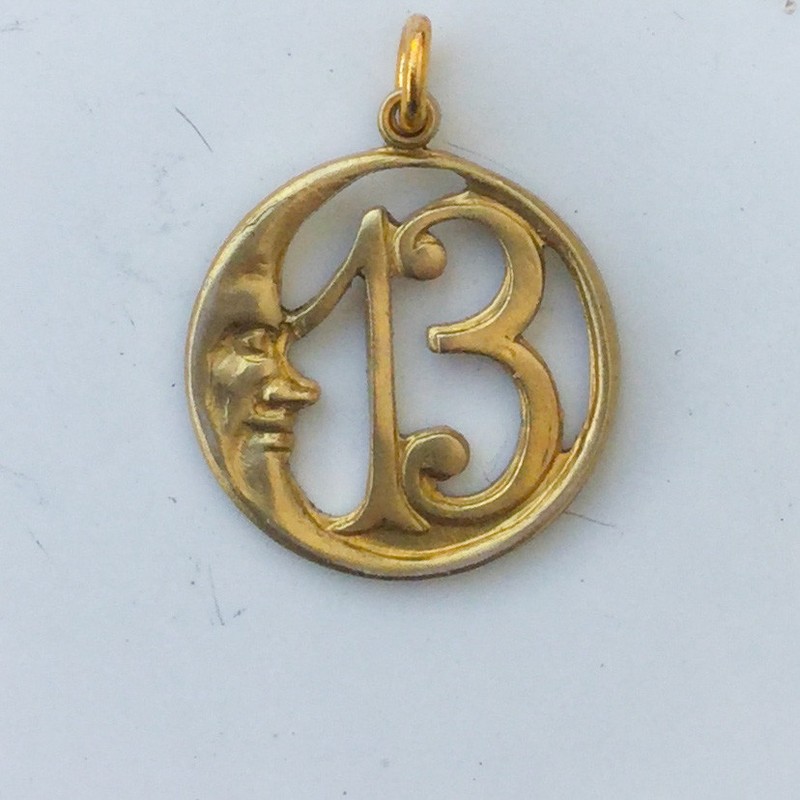 LUCKY 13 Crescent Moon Pendant Charm. Gold Tone. Retro Vintage style Good Luck. gallery