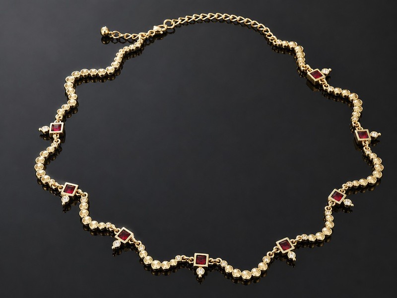 Gold Tone Red Crystal Necklace 18″ Rhinestone Station Necklace Vintage