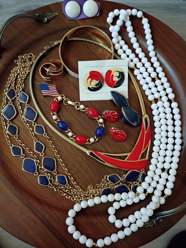 Patriotic VTG Grandmas Jewelry Lot Enamel Red White Blue Necklace-Brclts-Earrngs