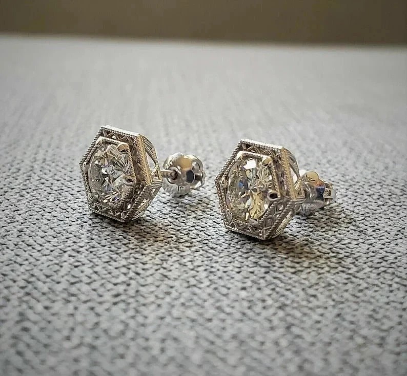 Art Deco Style Round Cut Lab Created Diamond 14K White Gold Finish Stud Earrings gallery