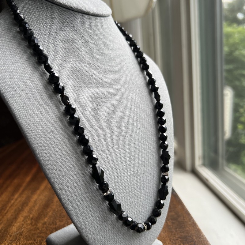 Vintage Faceted Black Bead & Rhinestone 24″ Necklace; Beautiful; Classic!