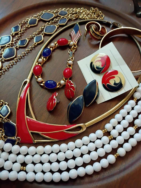 Patriotic VTG Grandmas Jewelry Lot Enamel Red White Blue Necklace-Brclts-Earrngs gallery