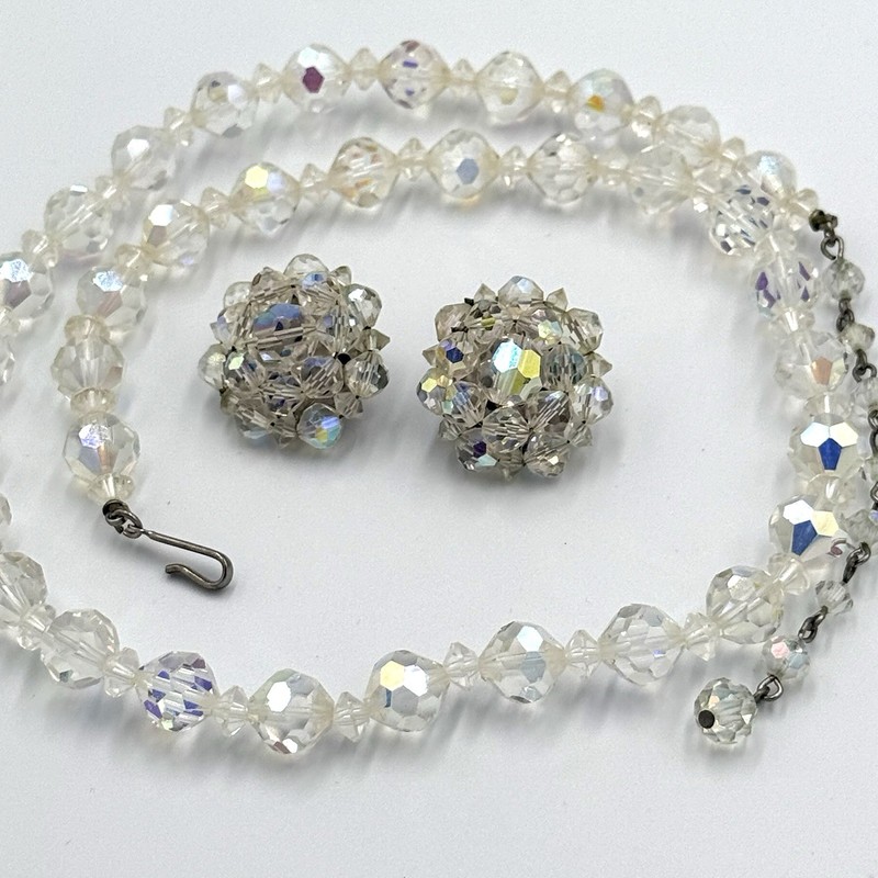 AB Crystal Necklace Earrings Set Clip On Vintage Estate 1940 1950 Choker Sparkle