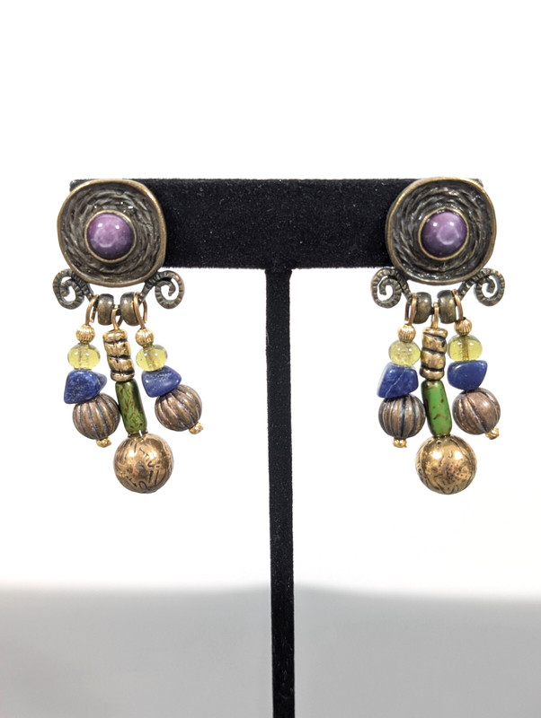 Vintage Tribal Boho Western Bronze Tone Brass Tone Blue Purple Dangle earrings