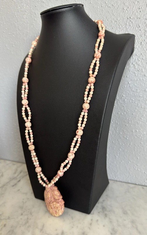 Vintage Jasper Carved Stone Figural Pendant & Continuous Bead Necklace 30" gallery