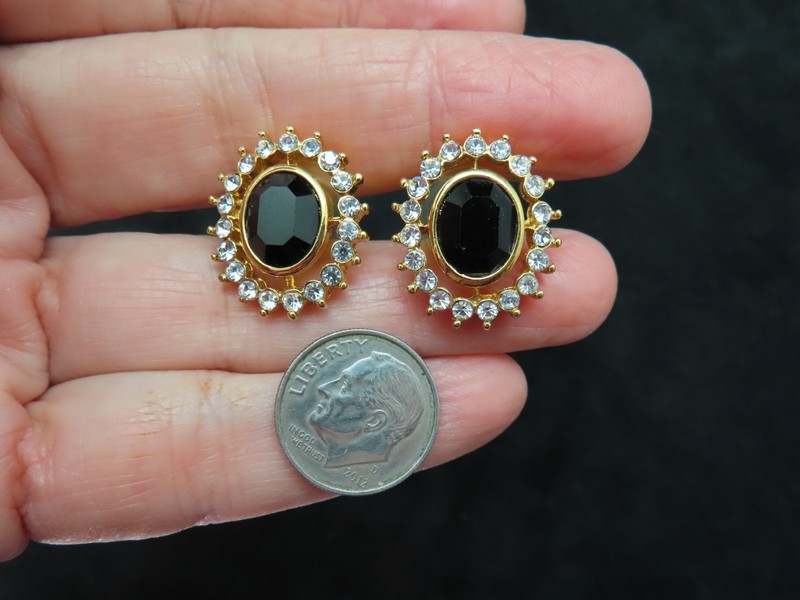 Vintage Crown Trifari Gold Tone Black & White Rhinestone Pierced Earrings gallery
