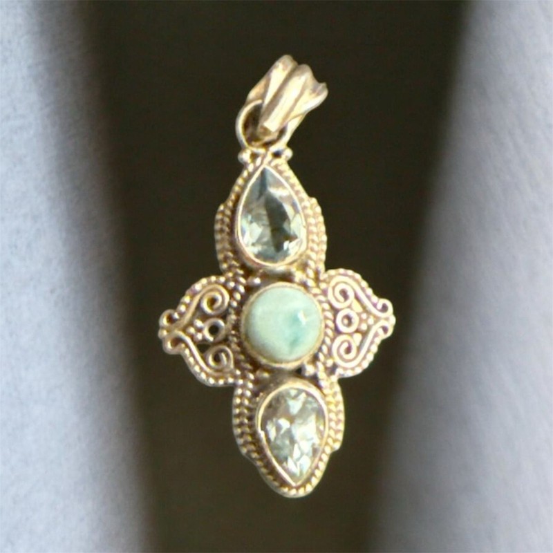 Vintage Sterling Silver 925 Larimar Blue Topaz Pendant