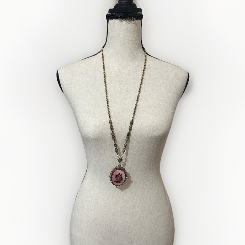 VTG Antique West Germany Couple Painted Bright Pink 32in Necklace Signed Read gallery