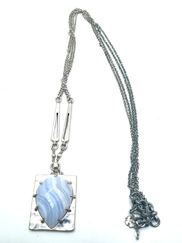 Vintage Lucky Brand Silver Tone Blue Lace Agate Pendant on 34 In Chain Necklace
