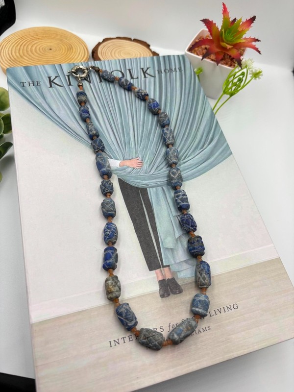 Vintage Natural Lapis Lazuli & Agate Bead Necklace – Authentic Earth Minerals gallery