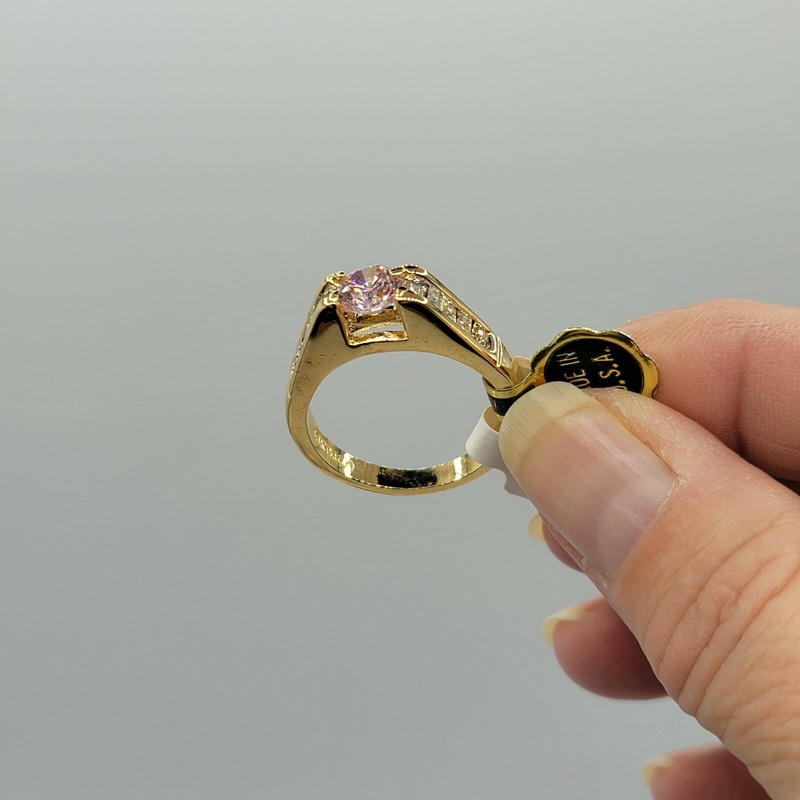 Vtg Sz 10 Ring Pink Clear Cubic Zirconia 18K GE Gold Electroplate Jewelry USA gallery