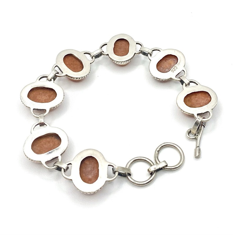 Vintage 925 Sterling Silver Gemstone Scarab Bracelet Toggle Cabochon Nude Pink gallery