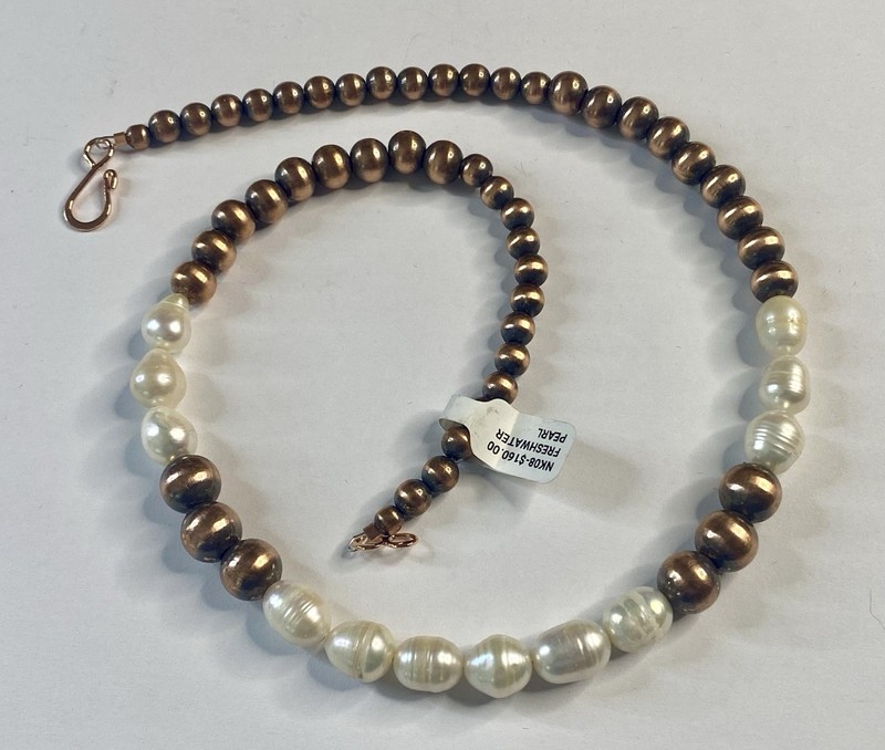 Freshwater Pearl Copper Ball Graduated Bead Necklace Southwest BOHO Beach NEW