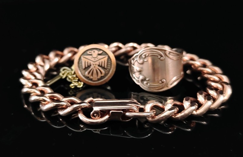 Vintage Solid Copper Lot Including 7″ Cuban Link Bracelet, Spoon Ring & Tie Tack