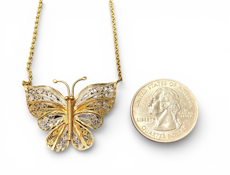 VTG Tricolor Gold Vermeil Sterling Silver Filigree BUTTERFLY Necklace 17” TURKEY gallery