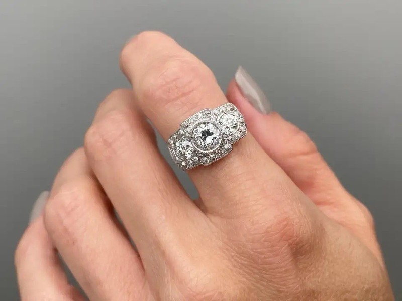 Edwardian Art Deco 935 Argentium Silver Moissanite Trilogy Ring